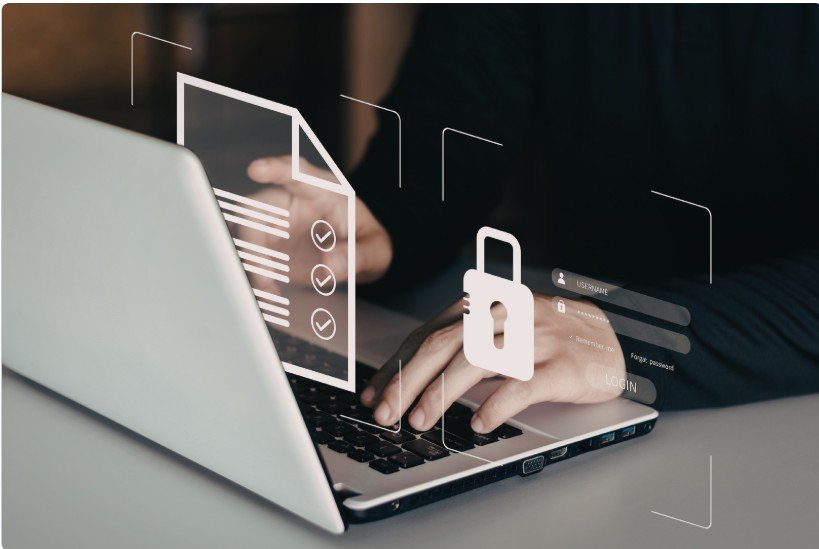 Business network security in Schaumburg IL showing laptop with digital lock and cybersecurity protection concept